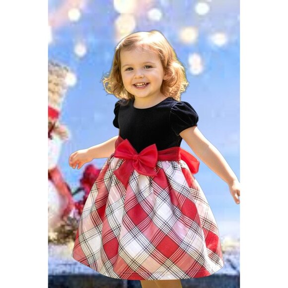 Bonnie Jean Velour Red Plaid Dress Toddler Girl 3T Christmas Bows Valentine EUC - Picture 3 of 12